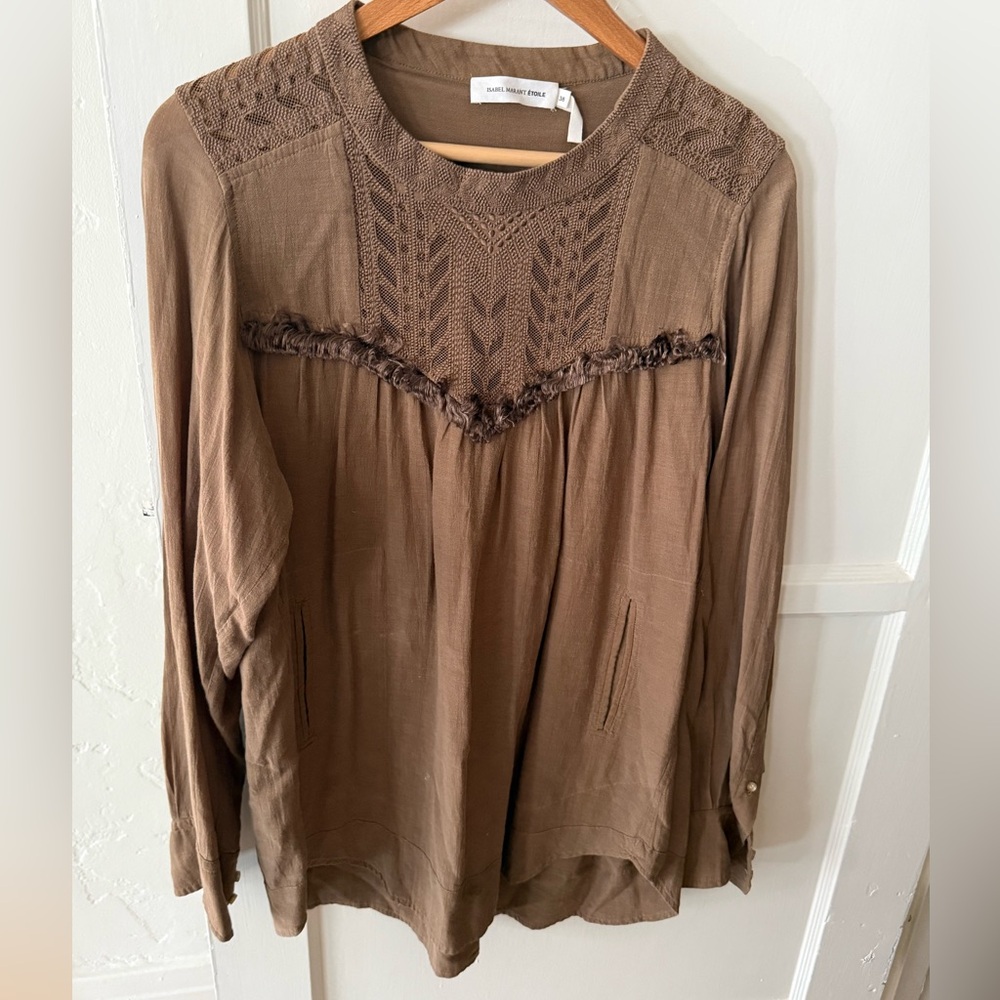 Sold - Isabel Marant Brown Long-Sleeve Lace Yoke Mini